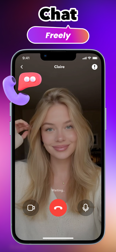 A young woman on a video call in the Puff social app featuring the text Chat Freely