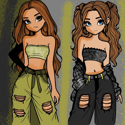 2 girls in crop tops and baggy jeans ripped