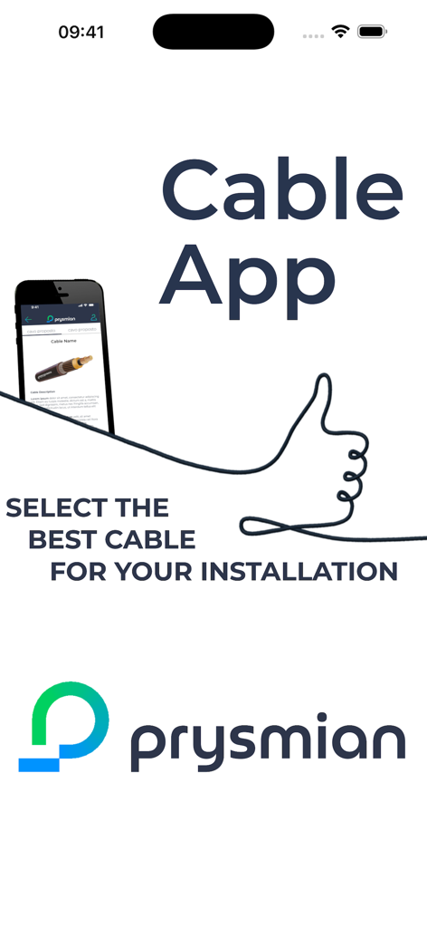 CableApp - Pantalla de bienvenida de CableApp de Prysmian para la selección profesional de cables