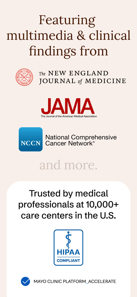 OpenEvidence - OpenEvidence app screenshot displaying clinical partnerships with NEJM JAMA and NCCN along with HIPAA compliance badge