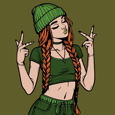 realistic teenage girl with braids and a beanie and crop top doing 🫶🏼