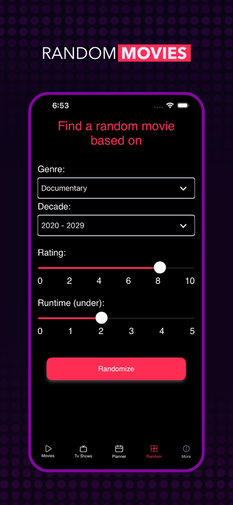 Screenshot of the Netmirror app random movie generator feature with filters for genre decade and rating