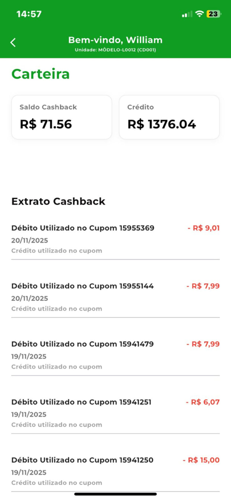 MercadoApp | E4 Go - MercadoApp wallet interface displaying cashback balance, total credit, and transaction history.