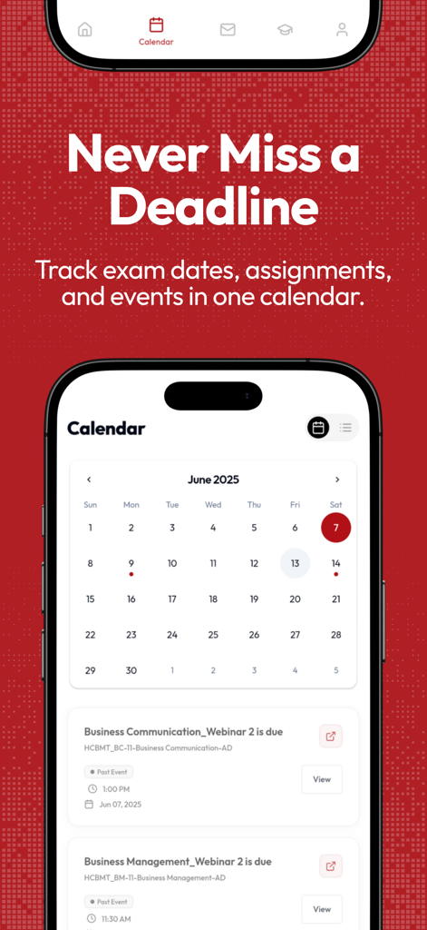 myRegent app interface showing a monthly calendar with student assignment deadlines