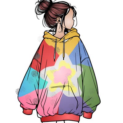realistic girl with a oversized sweatshirt on and a bun