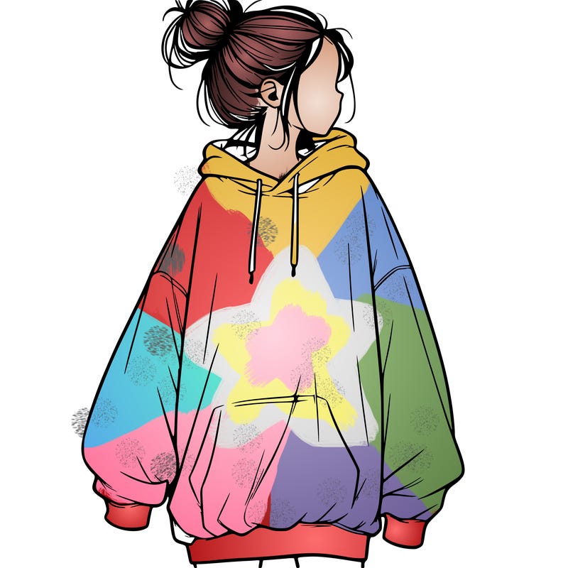 realistic girl with a oversized sweatshirt on and a bun