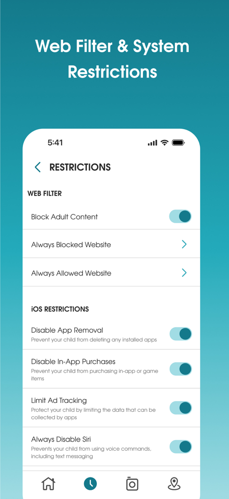 Interfaz de la aplicación OurPact que muestra la configuración del filtro web y las restricciones del sistema iOS para el control parental