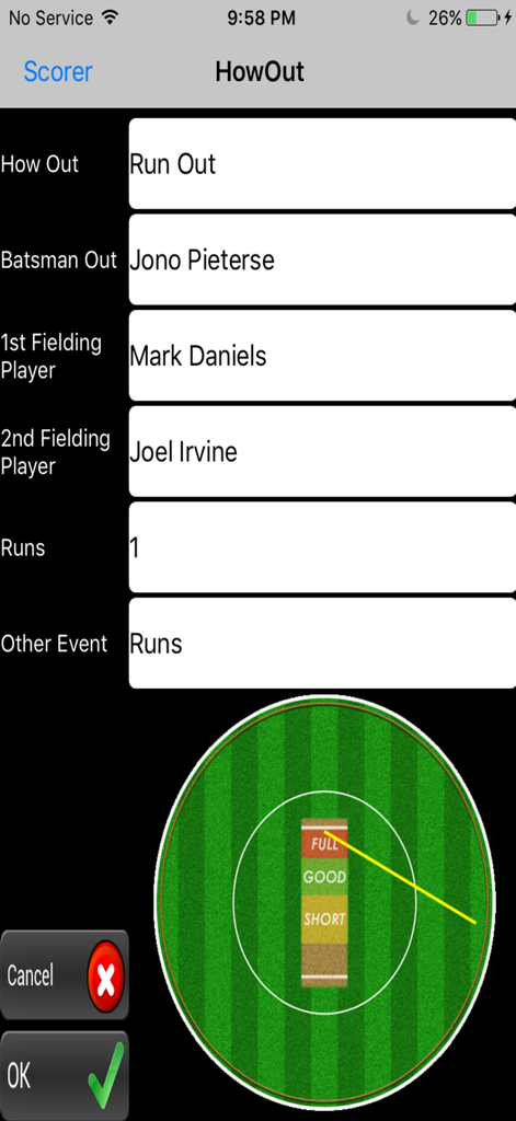 WebCricket - WebCricket app scoring interface showing run out details for a batsman