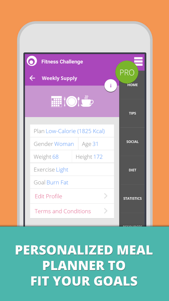 Fitness Challenge 30 Days - Personalized meal planner screen in the Fitness Challenge app showing low-calorie diet details for weight loss