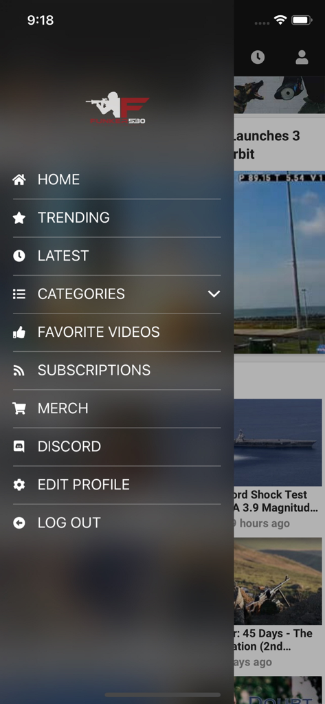 Funker530 - 뉴스, 인기 토픽, 상품, 커뮤니티 링크 섹션이 있는 Funker530 앱의 사이드바 탐색 메뉴.