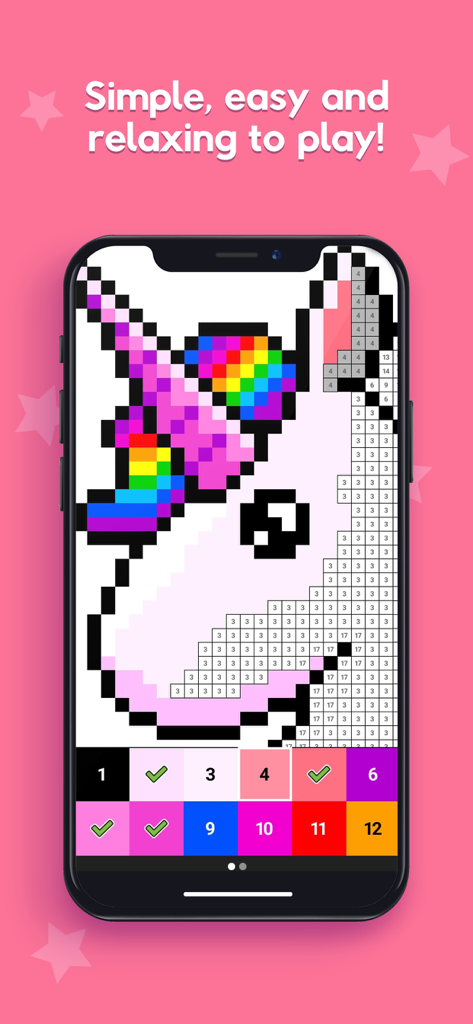 A mobile phone screen displaying the Pixel Tap app where a rainbow unicorn pixel art is being colored by number.