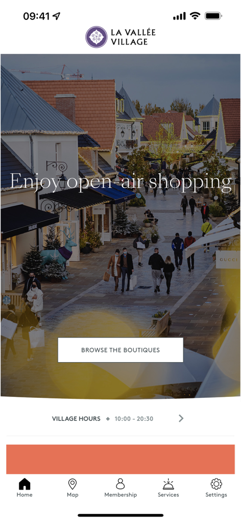 La Vallee Village app home screen featuring open air luxury shopping