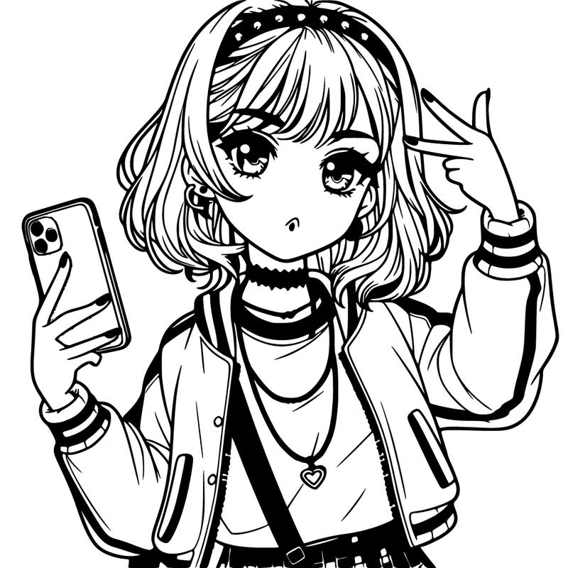 beautiful manga girl with phone and selfie doing the girl power sign and wearing really trendy clothes with cool hair
