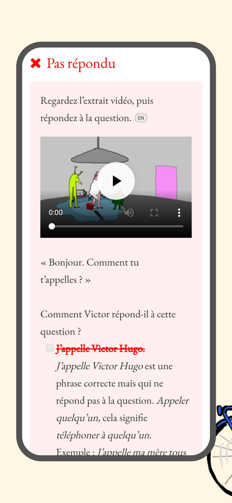 Frantastique - Interfaz de la aplicación Frantastique que muestra un ejercicio de video interactivo de francés y corrección gramatical personalizada.