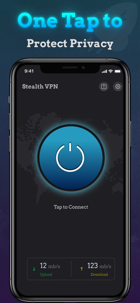Stealth VPN app interface showing a one tap connect button to protect privacy