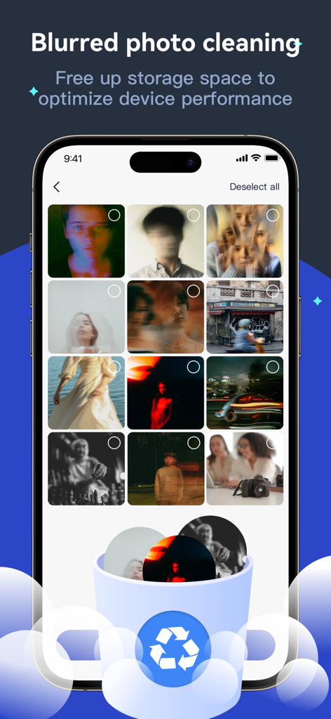 Interface do aplicativo Secret Clean mostrando o recurso de limpeza de fotos desfocadas para liberar espaço de armazenamento e otimizar o desempenho do dispositivo