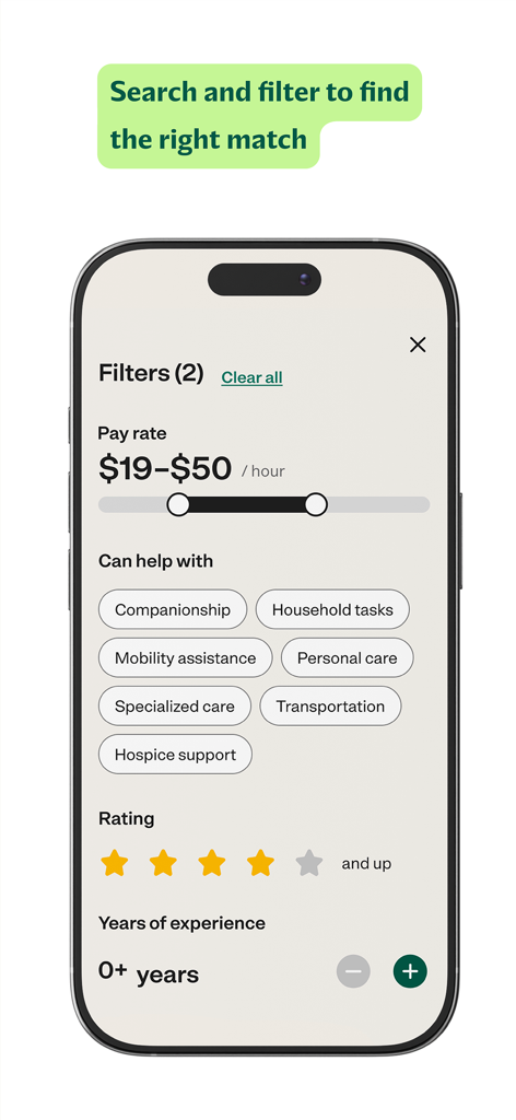 Care.com: Hire Caregivers - Care.comアプリの画面。料金、サービスの種類による検索フィルターが表示されています。