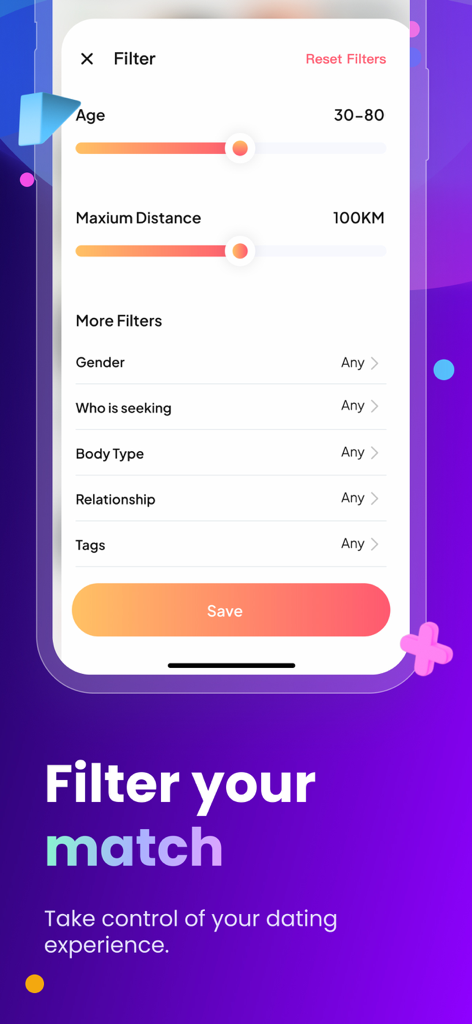 Cougar Dating: Age Gap Love - Oberfläche der Cougarly-Dating-App mit erweiterten Suchfiltern für Alter und Entfernung