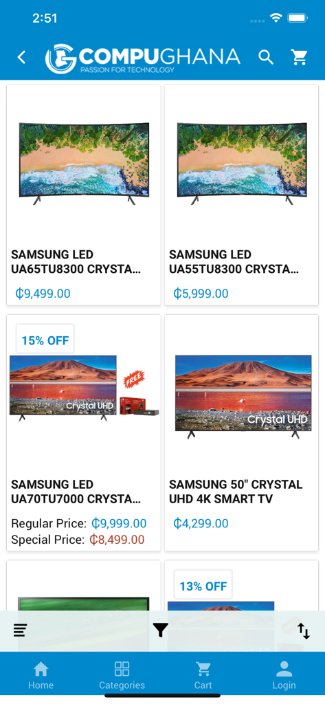 CompuGhana LTD - Pagina di elenco prodotti dell'app CompuGhana che mostra varie TV LED Samsung con prezzi e etichette di sconto.