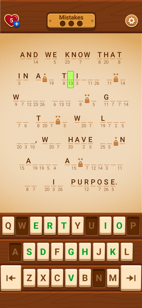 Cryptogram: Bible Code - A mobile screen showing a Bible verse cryptogram puzzle with a letter keyboard and wood-themed interface.