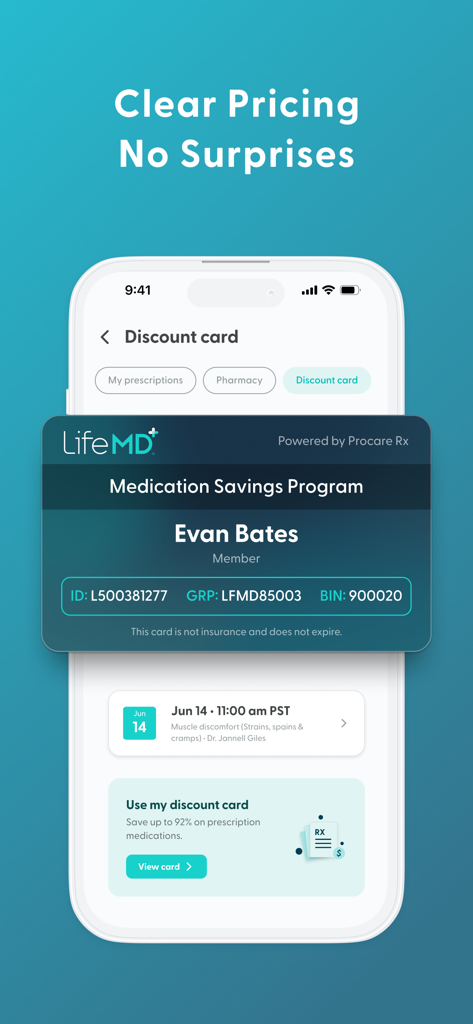 LifeMD Telehealth - Una pantalla de smartphone que muestra la tarjeta del Programa de Ahorro de Medicamentos de LifeMD para recetas con descuento.