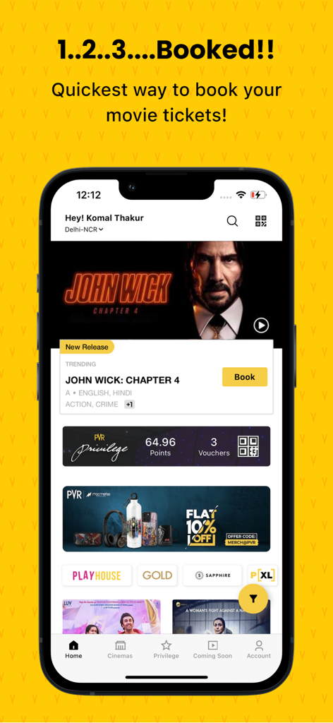 PVR Cinemas - Movie Tickets - PVR Cinemas mobile app home screen showing movie ticket booking for John Wick and user loyalty points