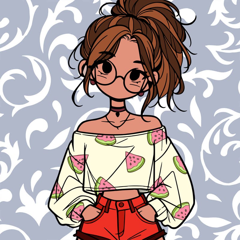 girl with a messy ponytail glasses a baggy crop top and jean shorts