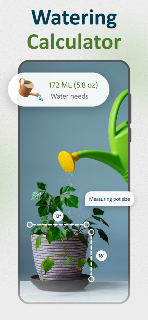 AI Plant Identifier and Care - Una pantalla de smartphone que muestra una función de calculadora de riego que mide las dimensiones de la maceta para determinar las necesidades exactas de agua para una planta de interior