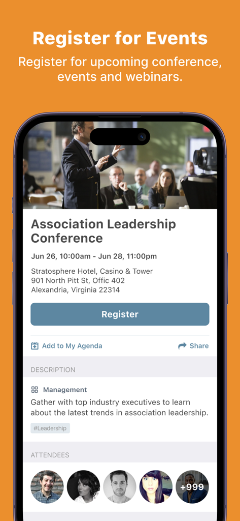 AMTConnect - AMTConnect mobile app screen showing details and a registration button for an Association Leadership Conference.