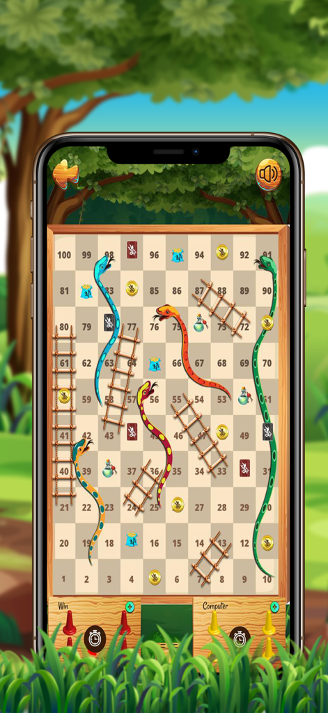 Mobile version of Snakes and Ladders board game with snakes and ladders on a grid