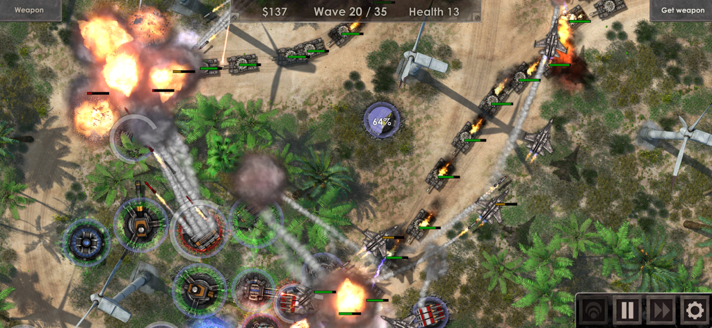 Defense Zone 3 HD - Top down view of an intense military tower defense battle with tanks jets and explosions