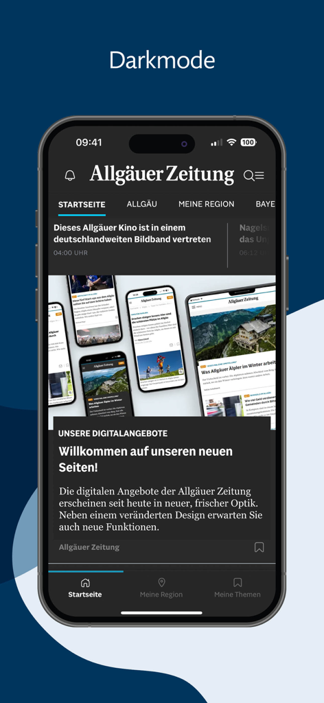 Captura de pantalla de la aplicación Allgäuer Zeitung News en modo oscuro en un iPhone mostrando noticias locales y pestañas de navegación.