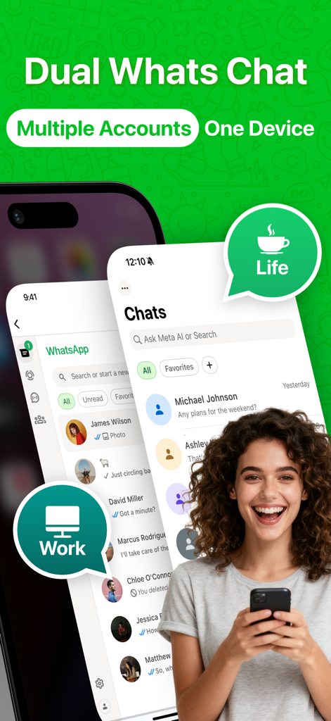 Web Scan - Dual Messenger App - Dual messenger app interface showing work and personal chat accounts on a single device