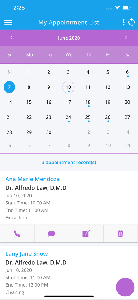 Dental clinic mobile app showing appointment list and calendar