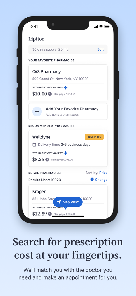 Rightway Healthcare - Mobile app screen showing prescription price comparison for Lipitor at various pharmacies like CVS and Kroger