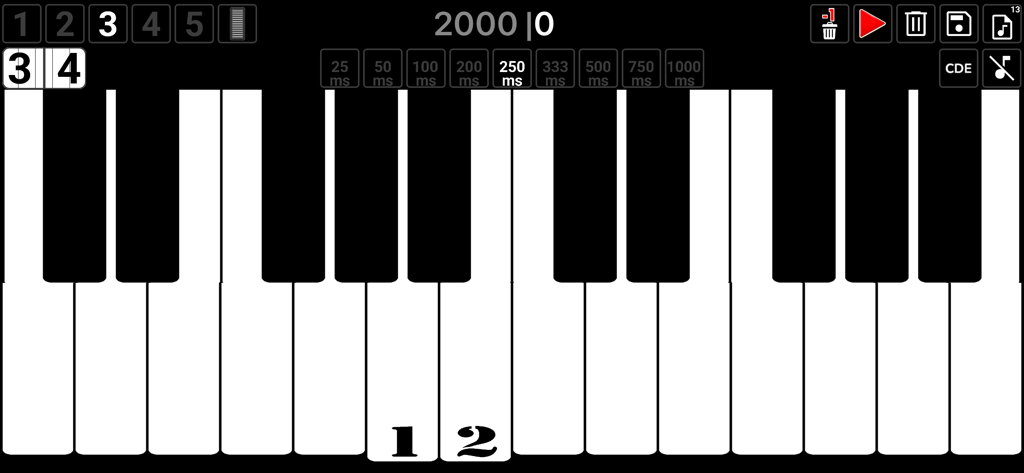 Piano Composer - Music Maker - Interface minimalista de um teclado de piano virtual com controles de gravação e tempo para composição musical.