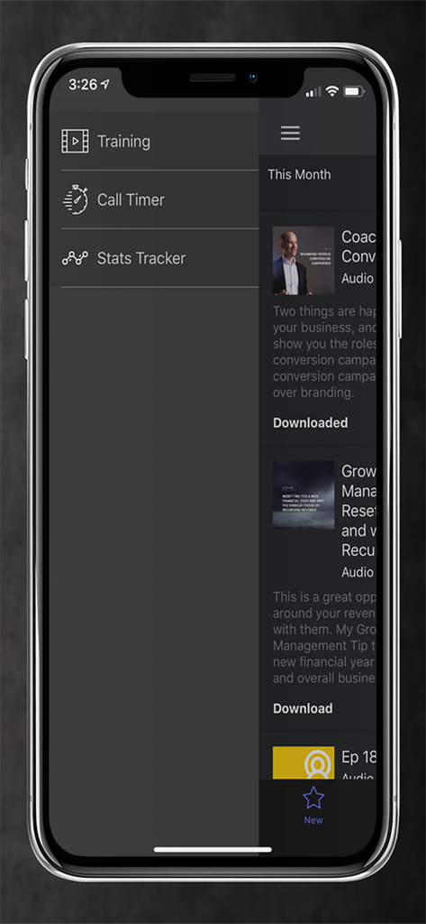 Josh Phegan Digital app side menu with Training and Stats Tracker options
