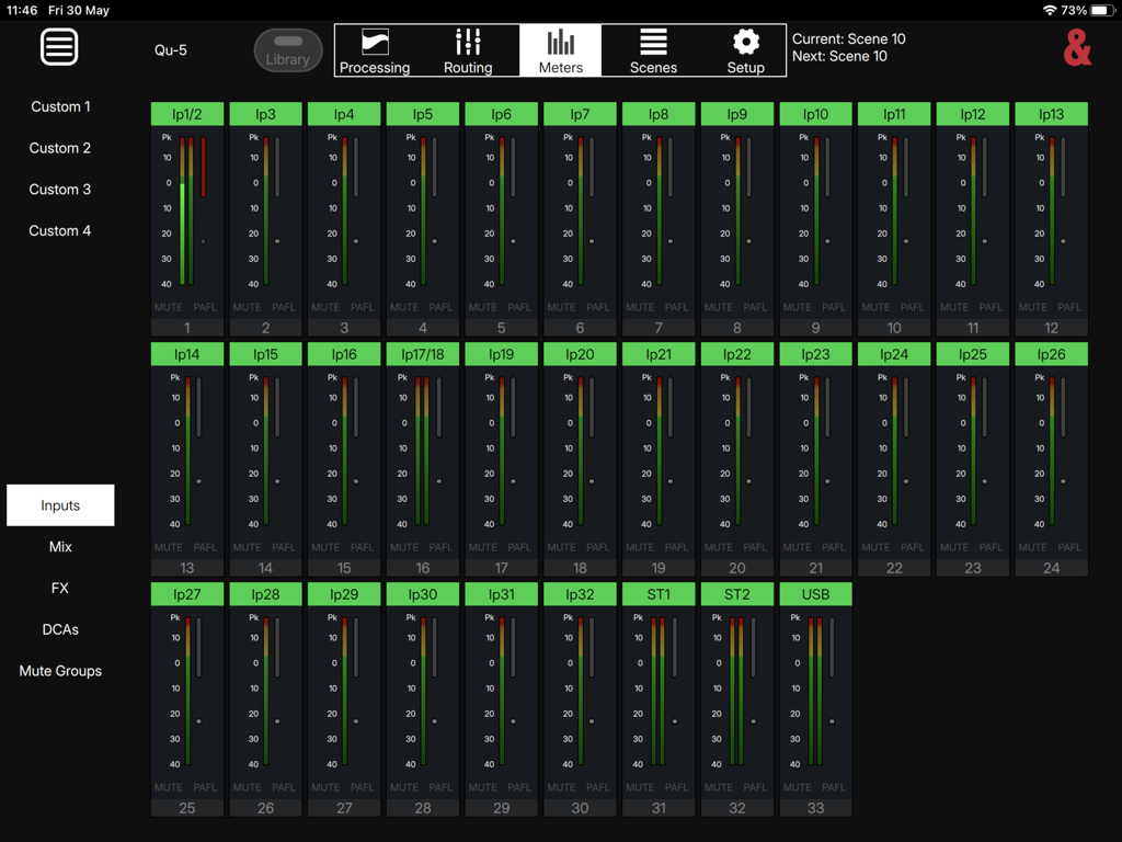 Qu MixPad - Qu MixPad app interface showing multiple audio input channel meters