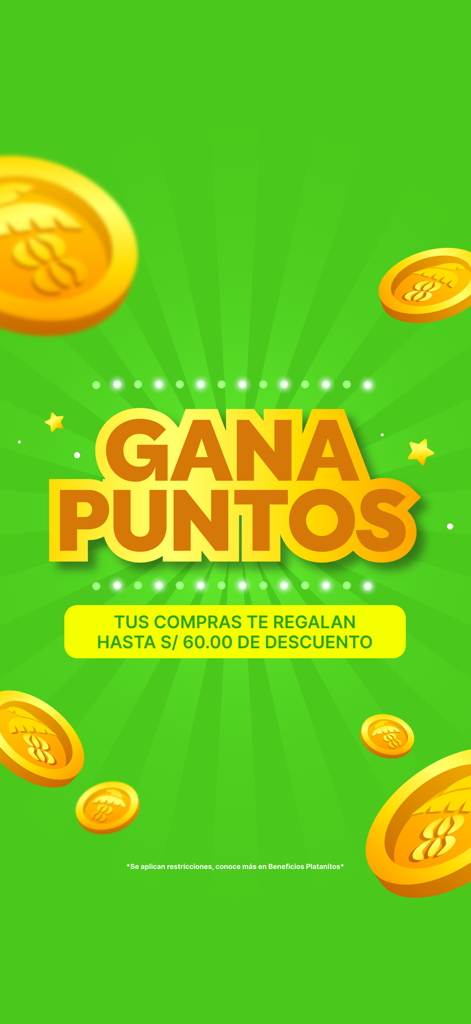 Platanitos - Platanitos app screen promoting rewards and discounts for shoppers