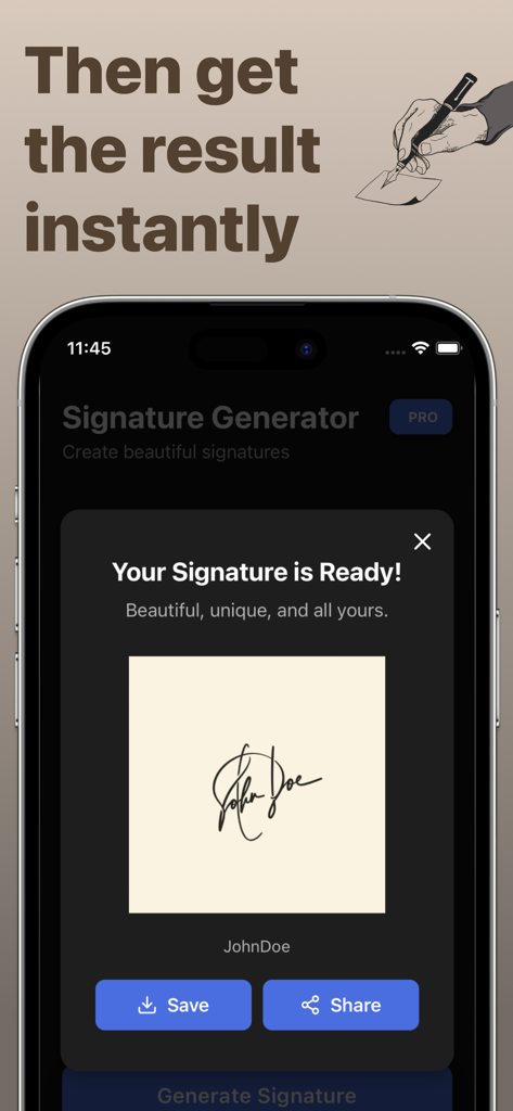 AI Signature Maker: Generator! - Uma tela de aplicativo móvel mostrando uma assinatura profissional gerada por IA para John Doe com opções para salvar e compartilhar