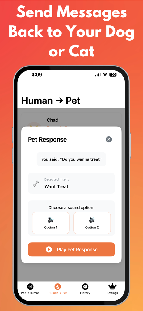 Dog & Cat Translator: Pet AI - Smartphone screen showing the human to pet translation feature of the Pet AI app with a want treat intent