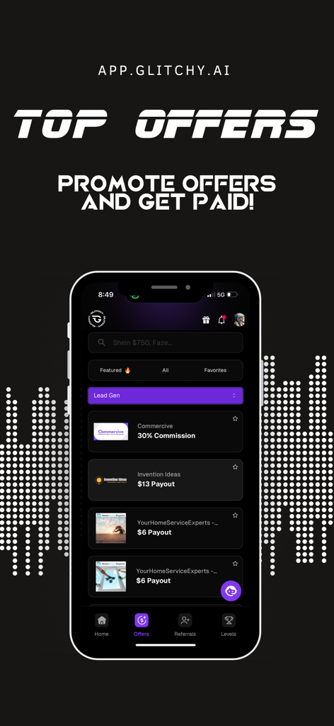 Glitchy Digital Marketing - Glitchy app interface showing top marketing offers to promote for commissions