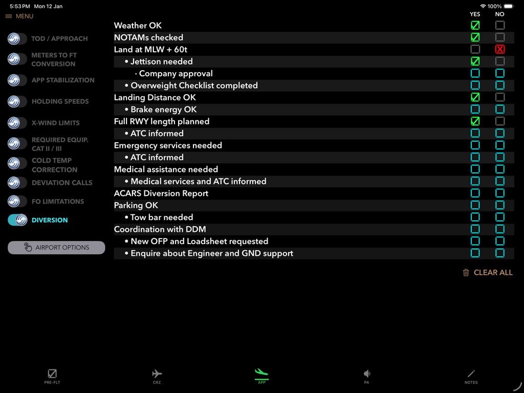 A380 Clipboard - The A380 Clipboard iPad app displaying a professional aircraft diversion checklist with an ECAM style interface.