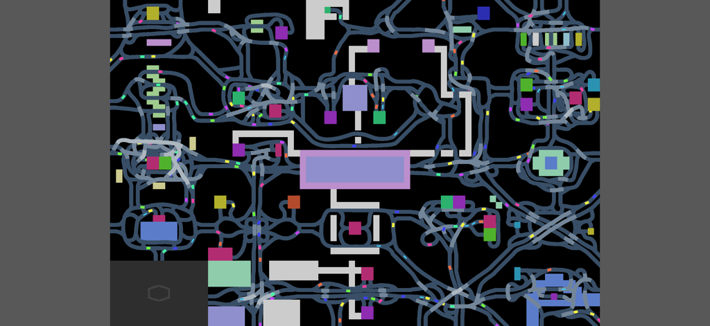 A top down view of a complex network of roads and highway interchanges in a minimalist engineering simulation