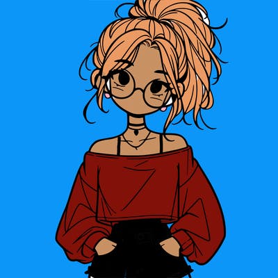 girl with a messy ponytail glasses a baggy crop top and jean shorts