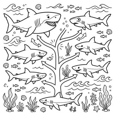 Journey through time with this captivating coloring page depicting the evolution of sharks, from ancient ancestors to the mighty Megalodon. Designed specifically for kids, it offers a perfect blend of educational fun and creative expression.
