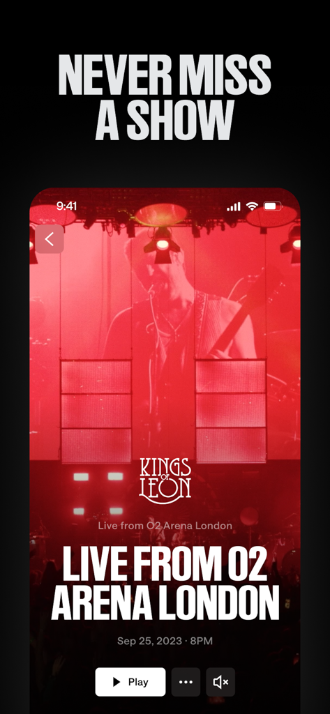 Veeps app interface showing a live concert stream of Kings of Leon at O2 Arena London