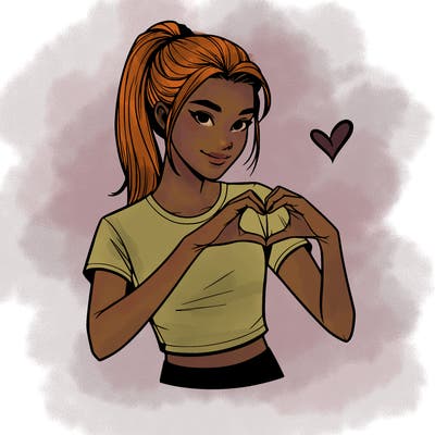 realistic girl with a ponytail and crop t-shirt doing 🫶🏻