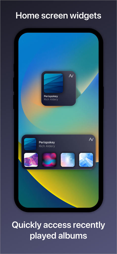 Widgets de la pantalla de inicio de iOS de AVSub mostrando álbumes de música reproducidos recientemente