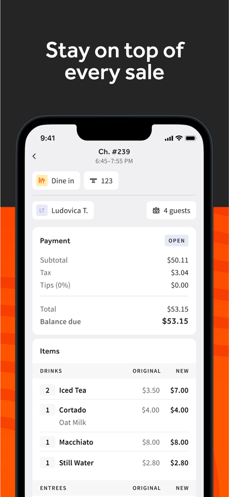 Toast Now - Toast Now mobile app interface displaying real time restaurant sales and check details